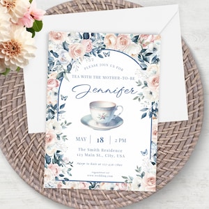 C&#39;est l&#39;heure du thé avec la future maman, une invitation à une baby shower, une invitation modifiable à une baby shower pour une fête de thé, un thé pour deux à fleurs neutre en téléchargement numérique