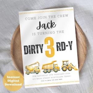 Construction Dirty 3rd Birthday Invitation Editable Dump Truck Excavator Party Invite Dirty Third Boy Printable  Template Instant Download