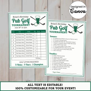 Bewerkbare pubgolf verjaardagsuitnodiging en scorekaart, golfen kroegentocht uitnodigen, volwassen par-Tee Putt Putt-sjabloon instant digitale download