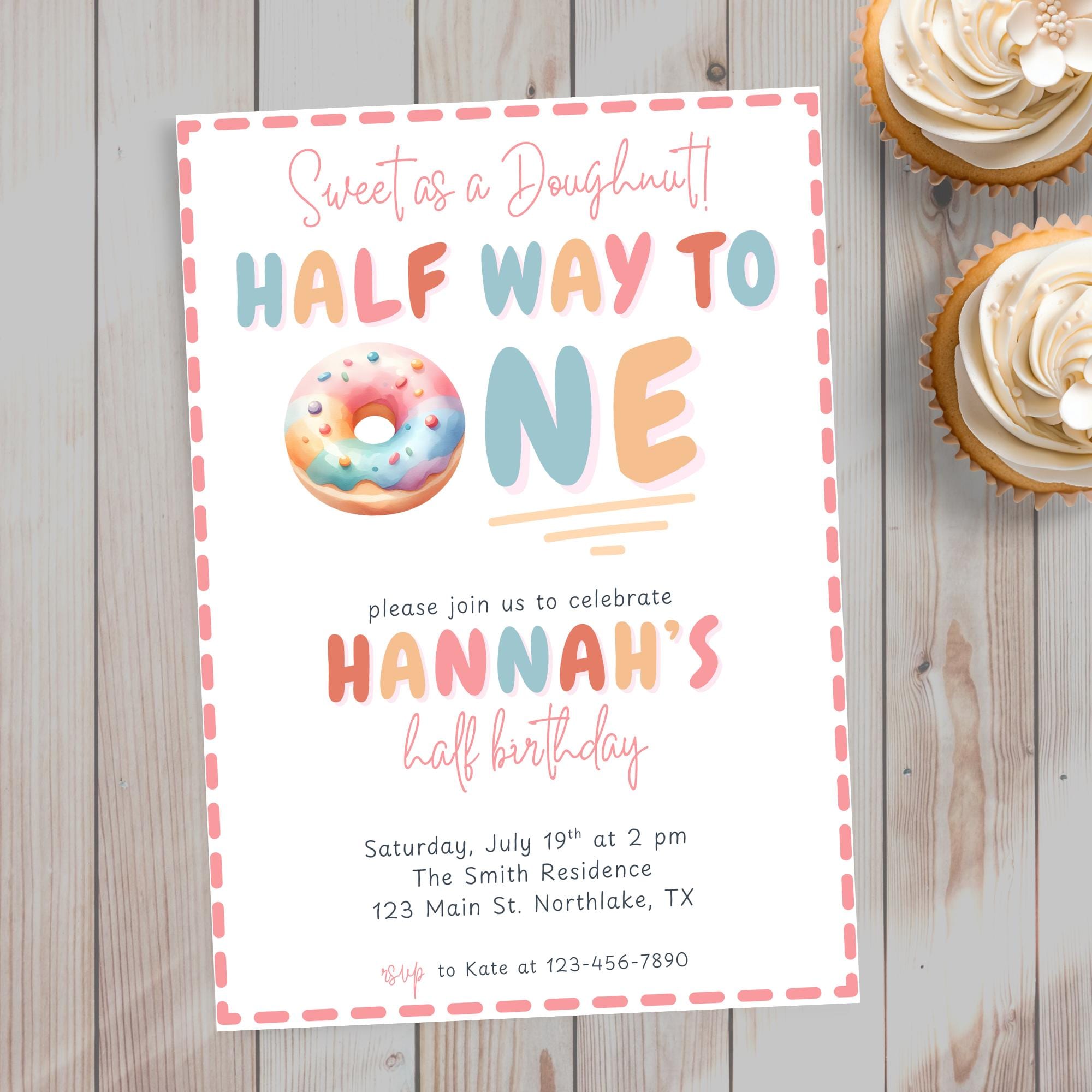 Half Way to ONE Birthday Invitation 6 Months Party InviteRetro 1/2 Bday TemplateHalf Dozen Doughnut Editable Instant Digital Download