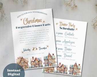 Editable Holiday Progressive Dinner Invitation Elegant Christmas Potluck Party Invite Festive Neighborhood Gathering Digital Download Canva