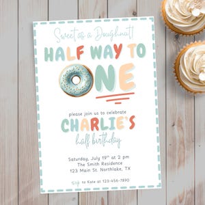 Halverwege één verjaardagsuitnodiging, 6 maanden feestuitnodiging, retro sjabloon 1/2 verjaardag, half dozijn donut bewerkbare instant digitale download