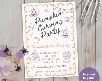 Puede incluir: Una invitación color crema con detalles en naranja y morado para una fiesta de tallado de calabazas. El texto dice "Pumpkin Carving Party" con ilustraciones de calabazas y hojas. Incluye detalles del evento y una solicitud de RSVP.