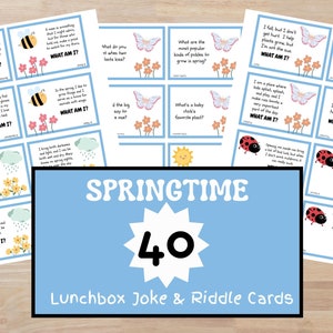 Cartes de blagues sur la boîte à lunch du printemps, énigmes pour la cafétéria pour enfants, blagues de printemps amusantes pour les enfants, notes de l'école, étiquettes de blagues imprimables