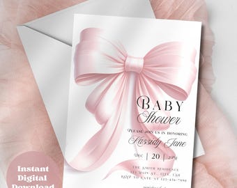 Editable Pink Bow Baby Shower Invitation Girl Sprinkle Invite Elegant Coquette Aesthetic Modern Minimal Template Printable Digital Download