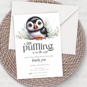 Faire-part de baby shower animaux modifiable, invitation de baby shower neutre entre les sexes, modèle de thème macareux, adorable mignon téléchargement numérique minimal