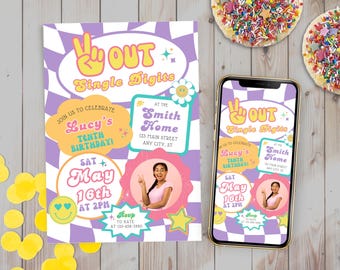 Peace Out Single Digits Birthday Invitation: Retro Checkered Smile Face (Digital Download 5x7" Editable Template)