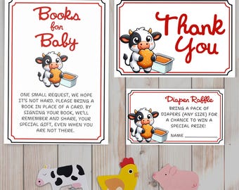 May include: Two printable signs for a baby shower. The first sign says "Books for Baby" and has a cartoon cow holding a book. The second sign says "Thank You" and has a cartoon cow holding a book. There is also a printable sign for a diaper raffle with a cartoon cow holding a book.