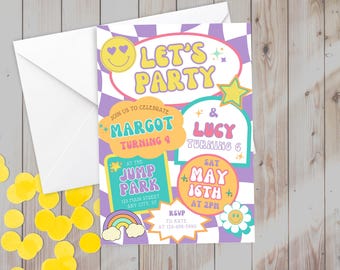 Retro Groovy Joint Birthday Invitation: Sibling or Twin Party (Digital Download)