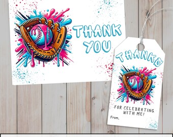 Tarjeta de agradecimiento de cumpleaños con goteo de béisbol, etiqueta de recuerdo para fiesta de softbol, decoración de softbol con helado de neón, deporte Allstar, novato, descarga digital instantánea