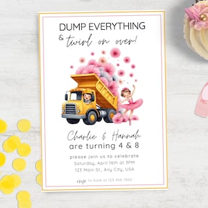 Editable Trucks and TuTus Joint Birthday Invitation Twin Boy Girl Birthday Invite Sibling Construction Tutus Party Instant Digital Download