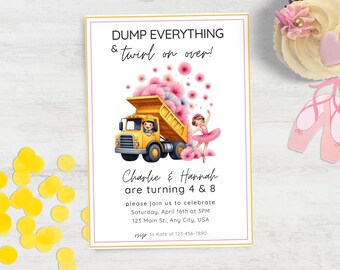 Trucks and Tutus Birthday Invitation: Joint Party, Twins, Siblings (Digital Download)