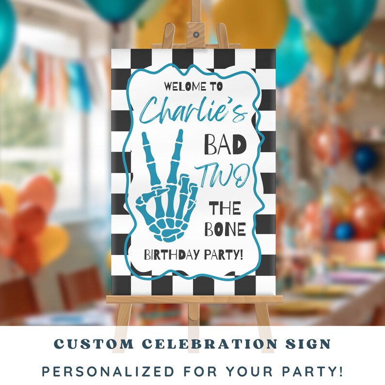 Editable Bad TWO the Bone Birthday Welcome Sign Skeleton Peace Banner Checkered Second Bday Party Entrance Poster Decor Toddler Supplies