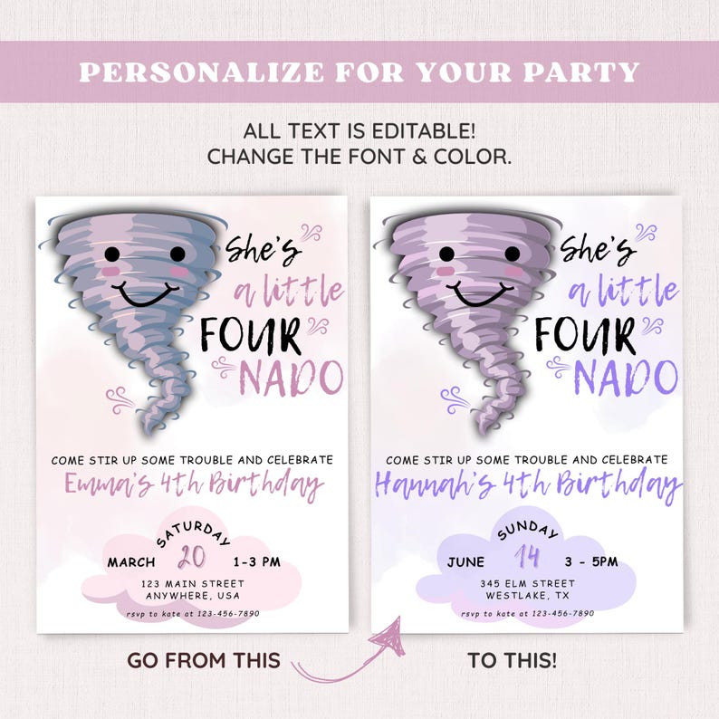 Editable FOURnado Birthday Invitation Tornado Birthday Invite Girl Forth Birthday Printable Weather 4 year Template Instant Digital Download