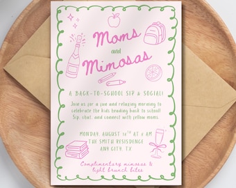 Invitación editable "Mamás y mimosas" para la fiesta de regreso a clases de mamás, tema "Lágrimas y alegría", "Buuuu", descarga digital instantánea.