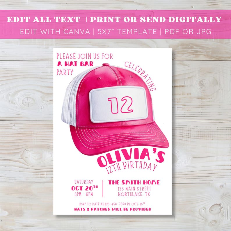 Editable Trucker Hat Bar Birthday Invitation Girls Night Out Party ...