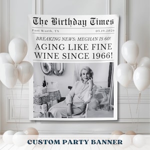 Pode incluir: Uma faixa de festa personalizada projetada para se parecer com uma primeira página de jornal. A manchete diz "The Birthday Times" com a data 05.19.2026. A faixa inclui o texto "BREAKING NEWS: MEGHAN IS 60! AGING LIKE FINE WINE SINCE 1966!" e uma foto em preto e branco.