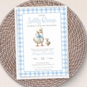 Faire-part de naissance neutre entre les sexes Vichy, invitation modifiable Silly Goose bleu garçon, saupoudrer de carreaux classiques en téléchargement numérique
