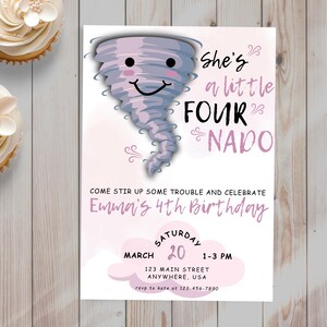 Modèle modifiable d'invitation d'anniversaire quatre nado, quatrième invitation numérique tornade, fille amusante 4e thème météo tempête Twister téléchargement immédiat