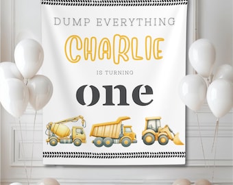 Banner de cumpleaños de construcción, camión volquete, excavadora, fondo de fiesta imprimible, equipo de construcción para niños, decoración de cumpleaños personalizada, tapiz de pared para interiores