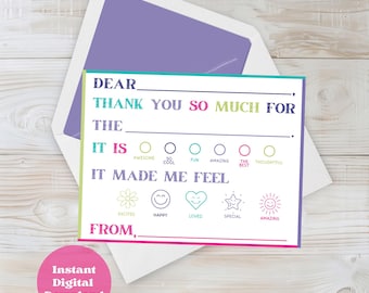 Fill In The Blank Kid Thank You Cards Printable Birthday Party Gratitude Notes Child Appreciation Activity Digital Template Instant Download