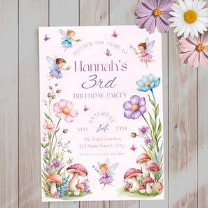 Convite de aniversário de fada editável, modelo de convite para a primeira festa de fada, princesa boho mágica do jardim encantado para meninas, download digital instantâneo