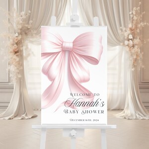Różowa kokardka na powitanie na baby shower Nowoczesny różowy rumieniec na wejściu Kokietka Elegancka dziewczynka Canva Edytowalna Natychmiastowa cyfrowa wersja do pobrania zdjęcie 4