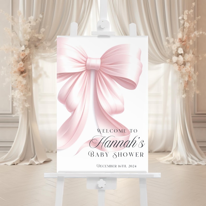Różowa kokardka na powitanie na baby shower Nowoczesny różowy rumieniec na wejściu Kokietka Elegancka dziewczynka Canva Edytowalna Natychmiastowa cyfrowa wersja do pobrania zdjęcie 4