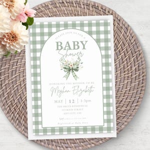 Faire-part de naissance vert sauge classique Vichy, nœud coquette modifiable saupoudrer neutre, plaid classique téléchargement numérique instantané