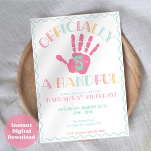 Editable Girls Fifth Birthday Invitation Officially A Handful Party Invite Pink Fun Birthday High Five Printable Instant Digital Download