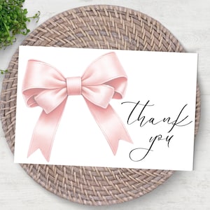 Cartão de agradecimento com laço rosa Coquette, fita aquarela rosa blush, bilhete de primeiro aniversário, cartão de chá de bebê, download digital instantâneo para qualquer idade