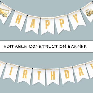 Modèle de bannière d'anniversaire construction thème, décorations de fête de camion à benne basculante, cartes d'anniversaire garçon guirlande, imprimable téléchargement numérique