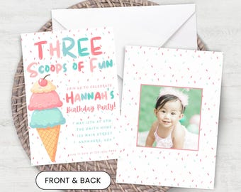 Invitación de cumpleaños de helado: Tres bolas de diversión, cumpleaños de niña (descarga digital)