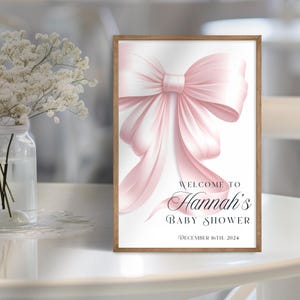 Różowa kokardka na powitanie na baby shower Nowoczesny różowy rumieniec na wejściu Kokietka Elegancka dziewczynka Canva Edytowalna Natychmiastowa cyfrowa wersja do pobrania zdjęcie 5