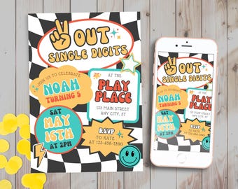 Retro Peace Out Single Digits Birthday Invitation: Groovy Checkered Design (Digital Download 5x7"