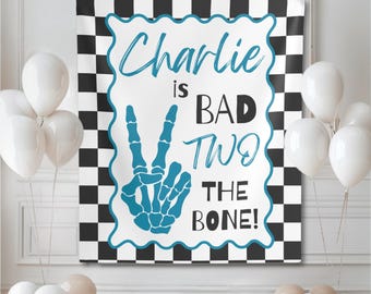 Bad Two the Bone 2nd Birthday Banner Skeleton Peace Sign Tapestry Two Cool Photo Backdrop Boy Second Birthday Party Trendy Checkered Poster
