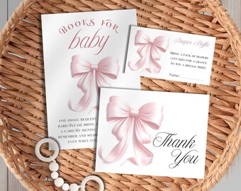 Różowa kokardka z zaproszeniem na baby shower dla dziewczynki, kokietka, zestaw z posypką, karta z podziękowaniami, losowanie pieluszek, książka o eleganckim, minimalistycznym dziecku, natychmiastowe pobranie