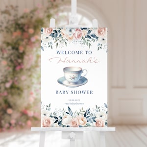 Time for Tea Welcome Sign Editable Tea Party Entrance Poster Pink Blue Neutral Floral Baby Shower Bridal Shower Instant Digital Download
