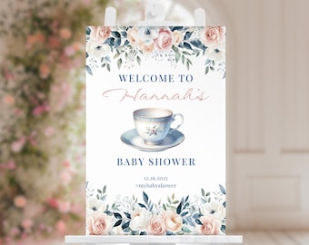 Tea Party Welcome Sign: Floral Baby Shower, Bridal Shower (Digital Download)