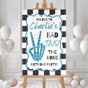 Editable Bad TWO the Bone Birthday Welcome Sign Skeleton Peace Banner Checkered Second Bday Party Entrance Poster Decor Toddler Supplies