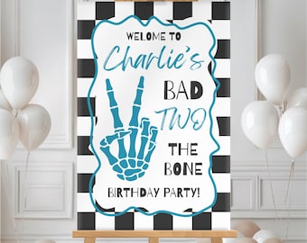 Editable Bad TWO the Bone Birthday Welcome Sign Skeleton Peace Banner Checkered Second Bday Party Entrance Poster Decor Toddler Supplies