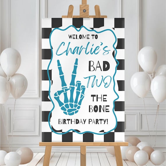 Editable Bad TWO the Bone Birthday Welcome Sign Skeleton Peace Banner Checkered Second Bday Party Entrance Poster Decor Toddler Supplies
