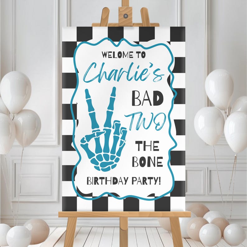 Editable Bad TWO the Bone Birthday Welcome Sign Skeleton Peace Banner Checkered Second Bday Party Entrance Poster Decor Toddler Supplies