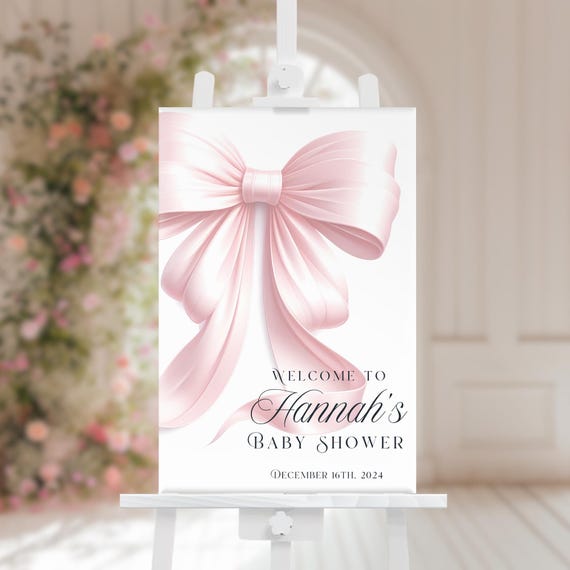 Pink Bow Baby Shower Welcome Sign Modern Pink Blush Entrance Sign Coquette Elegant Baby Girl Canva Editable Instant Digital Download