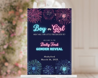 Firework Gender Reveal Welcome Sign Editable Boy or Girl Firecracker Party Favor TemplatePink or Blue  Reveal Instant Digital Download