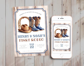 Twin First Rodeo Birthday Invitation: Wild West Cowboy Party (Digital Download