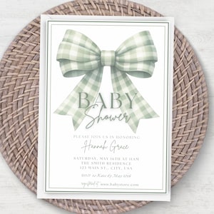 Faire-part de naissance vert sauge classique Vichy, noeud coquette modifiable, saupoudrer minimaliste neutre en téléchargement numérique