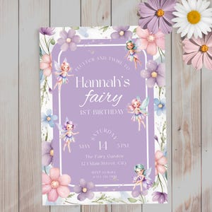 Invitación editable para el primer cumpleaños de un hada, plantilla de invitación para la primera fiesta de hadas, jardín encantado, princesa bohemia mágica, descarga digital instantánea
