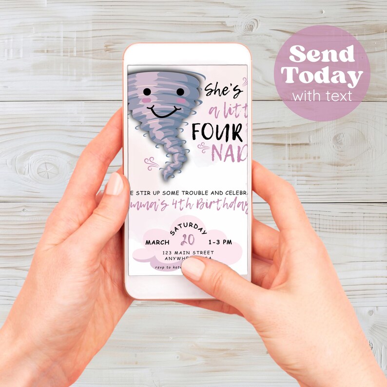 Editable FOURnado Birthday Invitation Tornado Birthday Invite Girl Forth Birthday Printable Weather 4 year Template Instant Digital Download