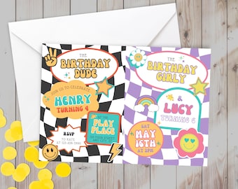 Retro Groovy Joint Birthday Invitation: Sibling Party (Digital Download)